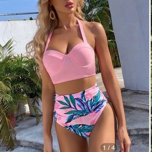 Tropical Push Up Ruched High Waisted Bikini Swimsuit